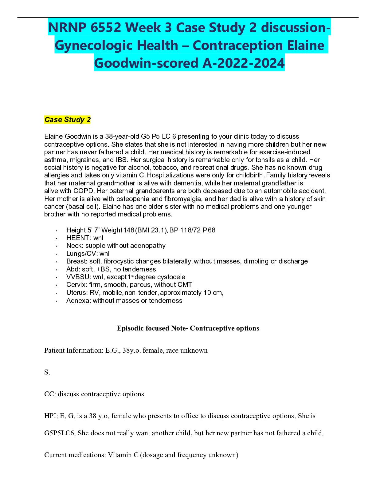 Preview image for NRNP 6552 Week 3 Case Study 2 discussion-Gynecologic Health – Contraception Elaine Goodwin-scored A-2022-2024